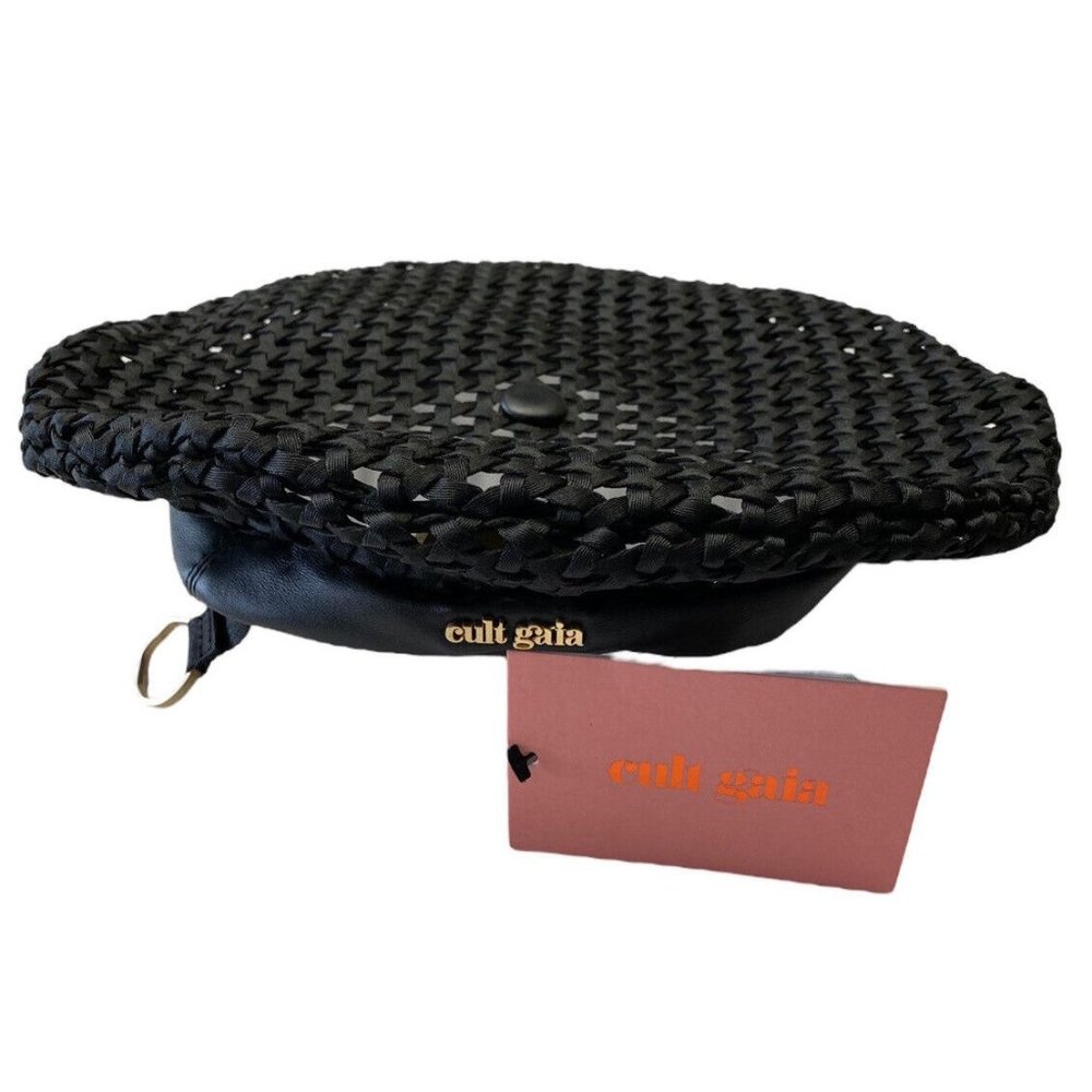 cult gaia Black Braided Straw Beret with Gold Logo Plaque